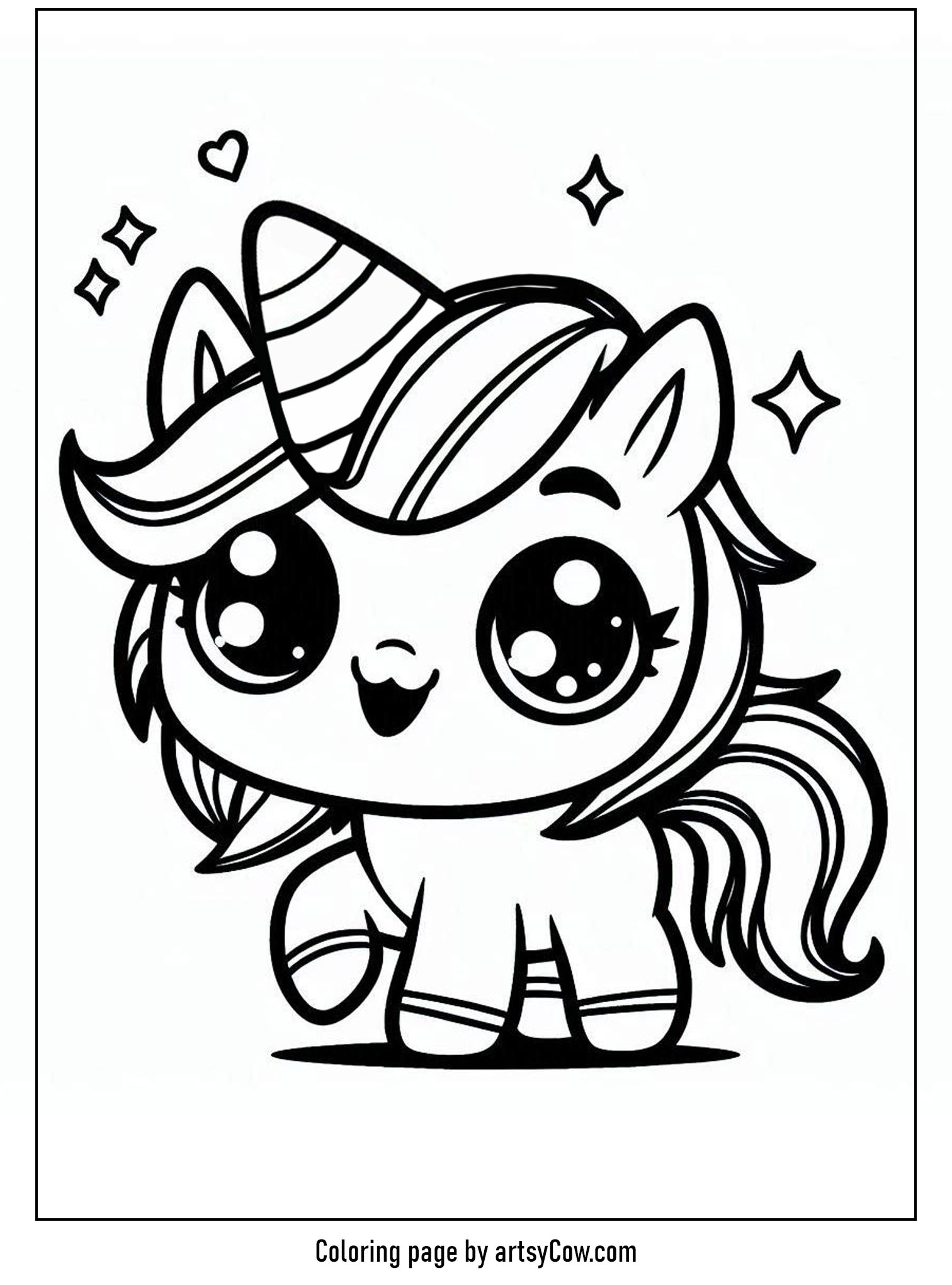 Halloween coloring pages with unicorn 2 featuring a cute unicorn with a candy corn horn, surrounded by stars and hearts.